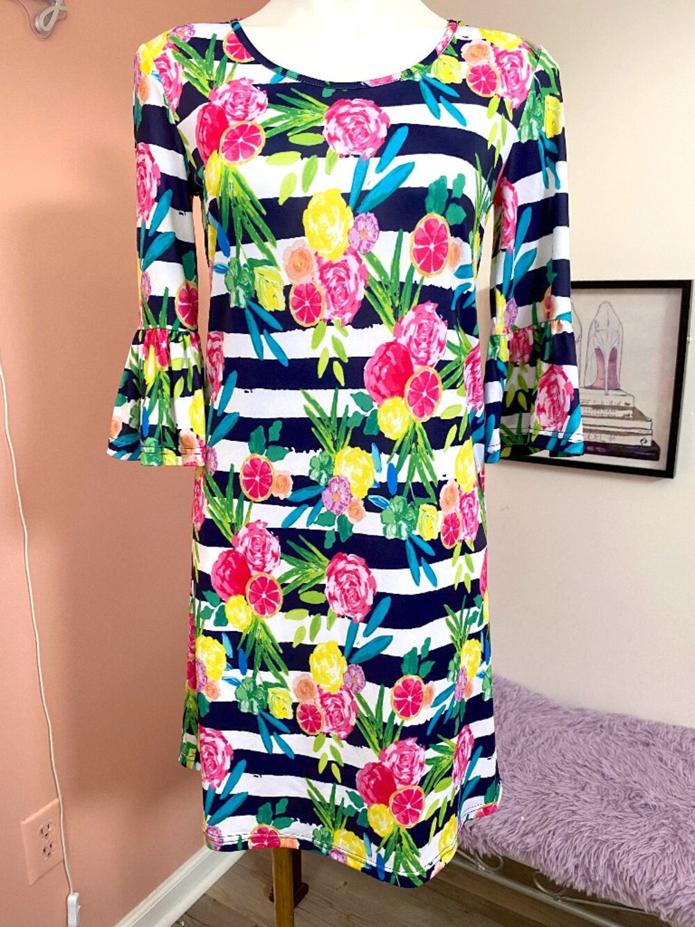 Vera Fishbaugh Striped Floral Colorful Fruit Ruffle Sleeve Dress NWT Size Small